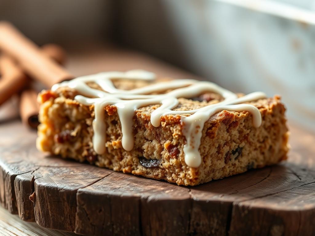 A close-up view of a Cinnamon Roll Power Bar on a rustic wooden surface. The bar is drizzled with a swirl of sugar-free icing, showcasing its moist texture and the rich cinnamon color. The background features soft, natural lighting with hints of cinnamon sticks and almond butter in the blurred background, creating a warm and inviting atmosphere.