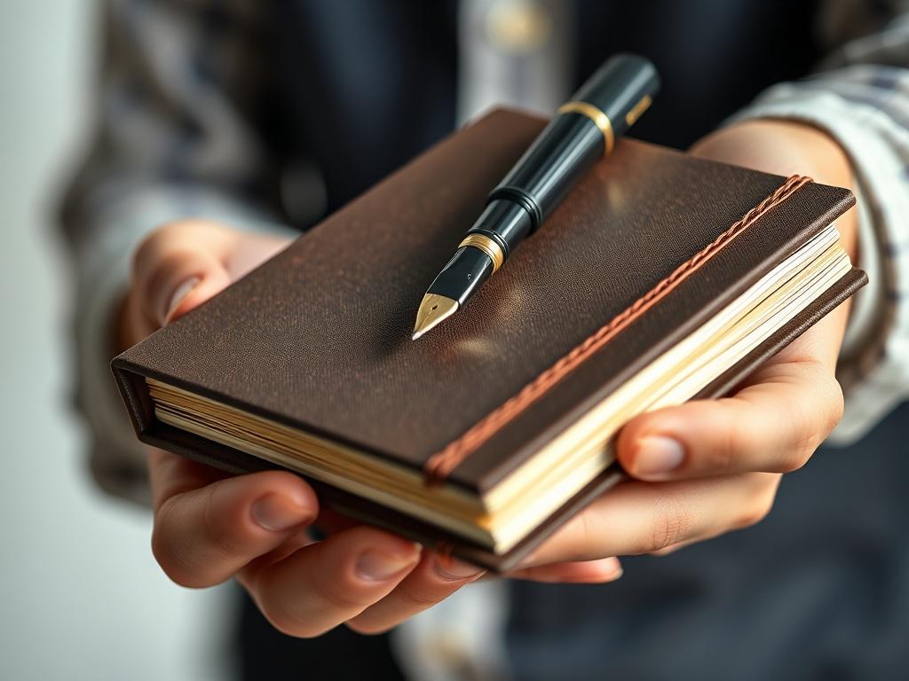A close-up shot of a person holding a beautifully crafted notebook, with a fountain pen poised above it, symbolizing integrity and craft. The background should be softly blurred, highlighting the details of the notebook and pen, with a color palette reflecting rgb(50, 170, 39). The focus should be on the texture of the notebook and the elegance of the pen.