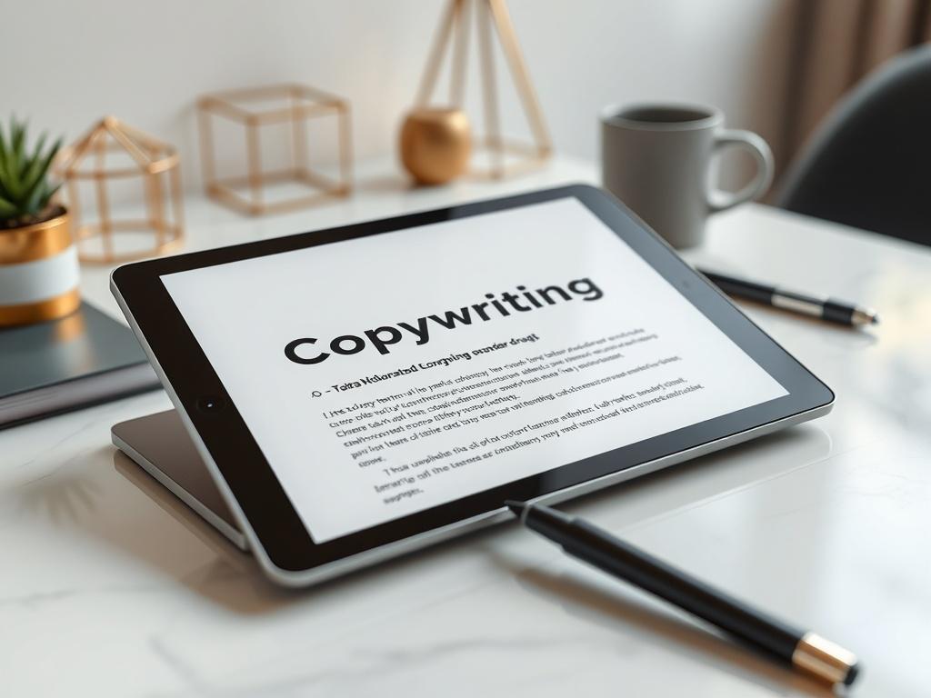 A close-up shot of a digital tablet displaying an engaging copywriting draft, with a modern stylus resting beside it. The background features a stylish workspace with a minimalistic design, incorporating shades of gold and slate. Soft, natural light creates an inviting atmosphere, highlighting the creativity of the workspace.