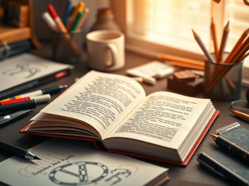 A close-up shot of an open book with a beautifully designed cover that symbolizes a brand narrative. The pages are filled with engaging text, and the book is placed on a stylish desk surrounded by creative tools such as markers and sketches. The background should be softly blurred, highlighting the book's details, and the image should be shot with a 45mm f/1.2 lens to create a warm and inviting atmosphere.