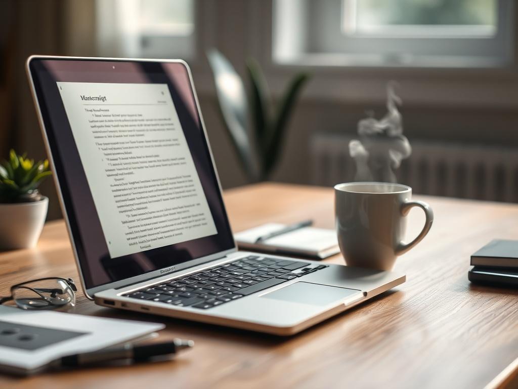 A serene close-up shot of a laptop on a wooden desk, showing a partially completed manuscript on the screen. A steaming cup of coffee sits beside it, and a soft, natural light streams in from a nearby window, creating an inviting workspace atmosphere. The image should be captured with a 45mm f/1.2 lens to emphasize the laptop and coffee cup in sharp focus, while the background remains softly blurred.