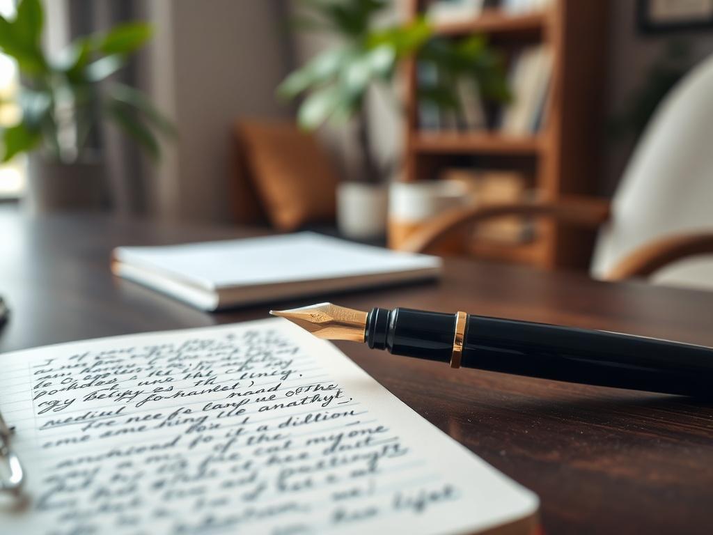 A close-up shot of a professional writer's desk featuring a high-quality fountain pen resting on an open notebook filled with handwritten notes. The background shows a blurred view of a cozy, well-lit office space with soft green plants, emphasizing a calm and creative atmosphere. The photo is captured with a 45mm f/1.2 lens to create a shallow depth of field, highlighting the pen and notebook in sharp focus.