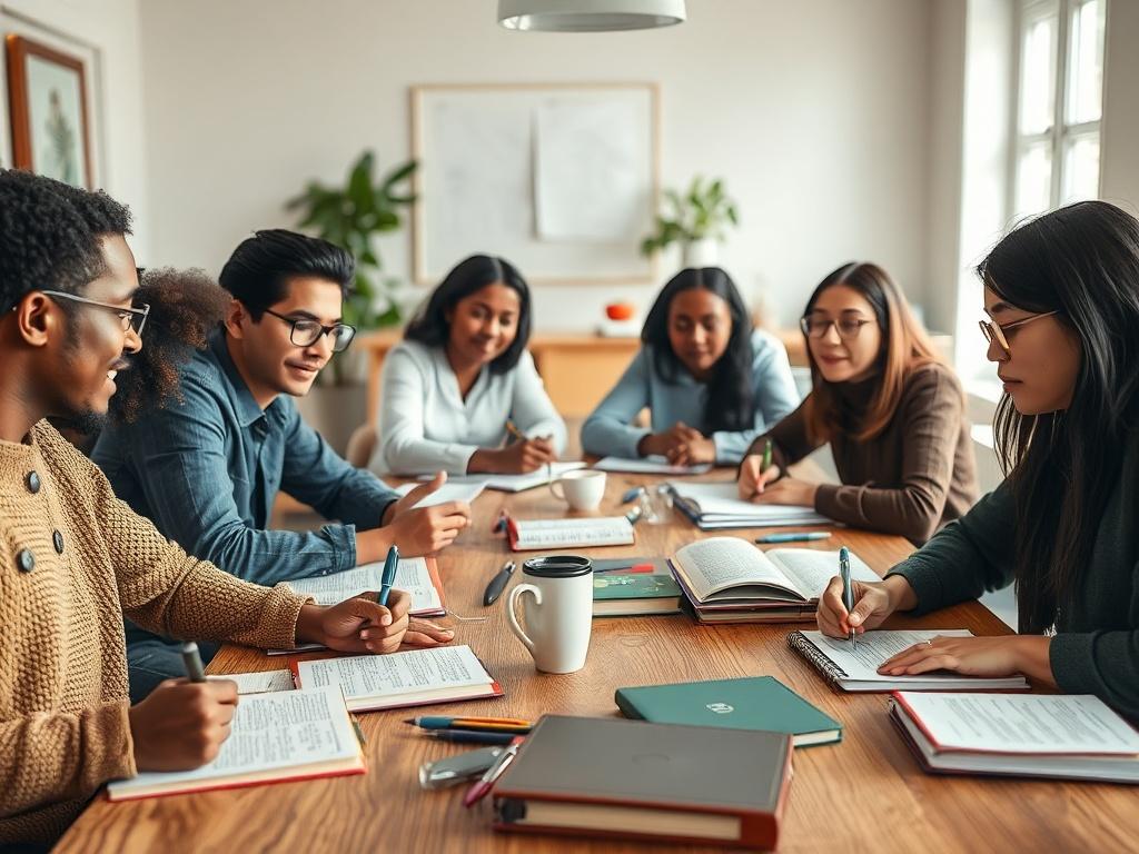 A close-up shot of a diverse group of writers engaged in a workshop, sharing ideas and writing notes. The setting is bright and inviting, with a large table filled with notebooks and pens. Participants appear enthusiastic, with expressions of inspiration and collaboration. The image captures the energy of a creative writing workshop, shot with a 45mm f/1.2 lens to focus on the interaction.