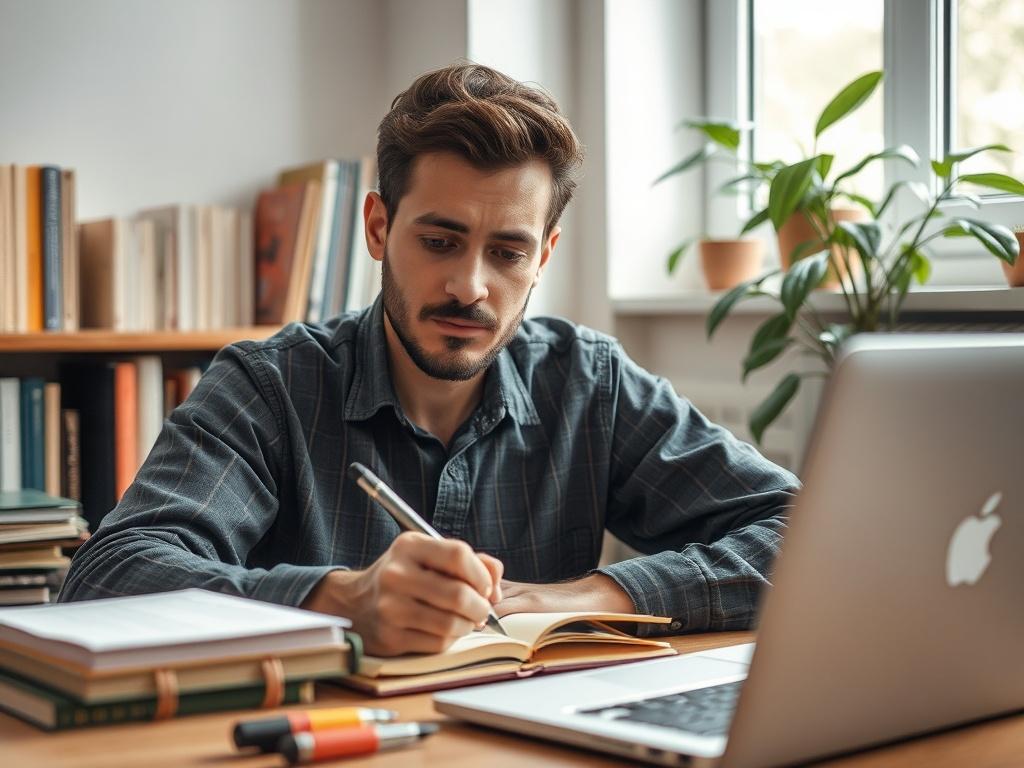 A close-up shot of a thoughtful writer in a cozy, minimalist workspace surrounded by books and a laptop. The writer has a focused expression, pen in hand, jotting down ideas in a notebook. Soft natural lighting enhances the serene atmosphere, with a green plant in the background for a touch of life. The image conveys creativity and inspiration, shot with a 45mm f/1.2 lens to emphasize detail.