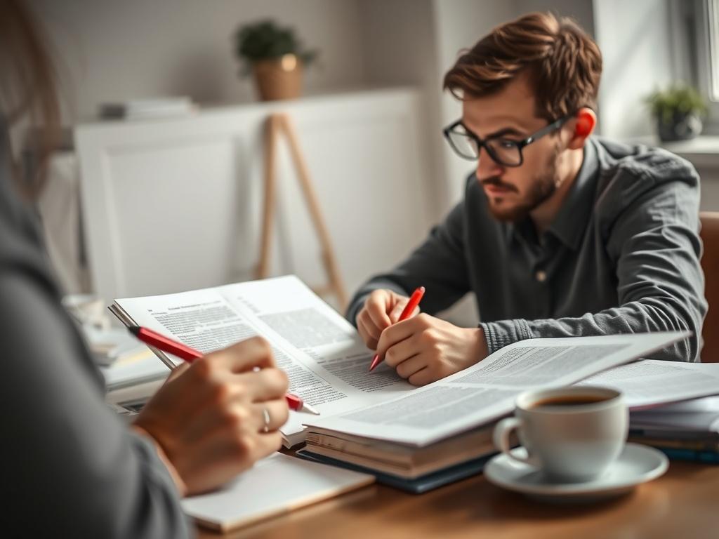 A close-up shot of an editor reviewing a manuscript on a laptop, with notes and a red pen in hand. The editor appears concentrated, surrounded by notes and coffee in a bright, minimalist workspace. Soft, natural light filters through a window, highlighting the editor's focus. The image captures the essence of professional editing, shot with a 45mm f/1.2 lens to emphasize detail.