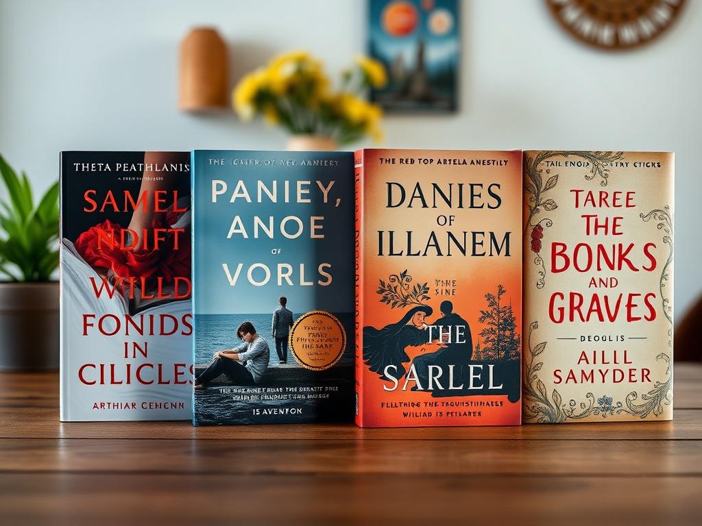 Close-up shot of four distinct book covers representing different authors, arranged neatly on a wooden table. Each cover should be artistically designed to reflect the genre and tone of the story. The background should be softly blurred to enhance focus on the covers while incorporating elements of RGB(50, 170, 39) in the decor.