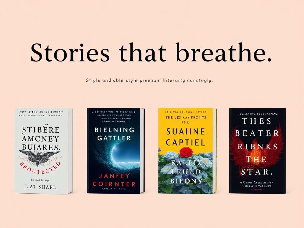 A clean and minimalist web page layout featuring the title 'Stories that breathe.' prominently displayed. Showcase four book covers from different authors in a grid layout, each cover vividly illustrated. The background should be a soft, inviting color that complements the RGB(50, 170, 39) primary color. The overall composition should feel open and airy, emphasizing the premium literary style.