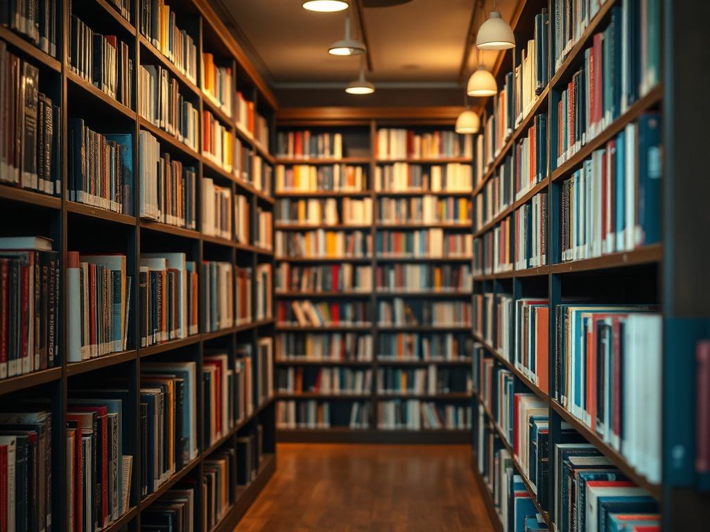 An inviting library scene featuring beautifully arranged books on shelves. The focus should be on a section dedicated to literary works, with a clear path leading readers to explore. The lighting should be warm and welcoming, creating an atmosphere of comfort and inspiration, with accents of RGB(50, 170, 39) subtly integrated.