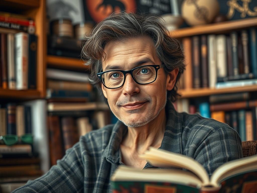 A close-up portrait of an author in a cozy writing nook, surrounded by books and personal artifacts that reflect their literary journey. The background should be softly blurred, emphasizing the author’s expression of passion and creativity. Subtle hints of RGB(50, 170, 39) can be incorporated in the decor for a cohesive look.