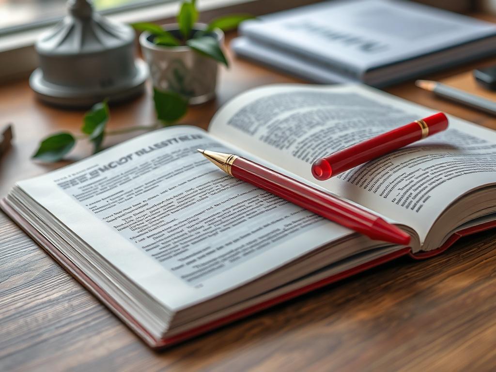 A close-up image of an open book on an editing desk with a red pen resting on the page, highlighting corrections. The desk should be stylish and organized, with a hint of greenery in the background to reflect the rgb(50, 170, 39) primary color.