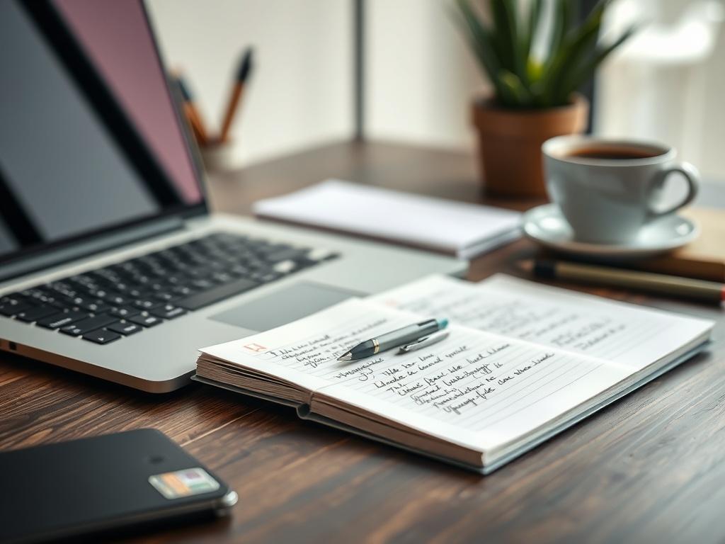 A close-up shot of a professional writer's desk, featuring a sleek laptop, a notepad with handwritten notes, and a cup of coffee. The background should be softly blurred to emphasize the writer's tools. The overall color scheme should incorporate shades of green to match the rgb(50, 170, 39) primary color.