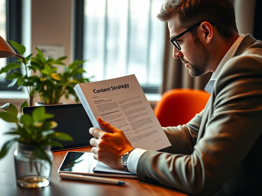 A close-up of a thoughtful consultant reviewing a content strategy document on a stylish desk, surrounded by a digital tablet and a plant. The lighting should create a warm atmosphere, accentuating the green color theme in line with rgb(50, 170, 39).