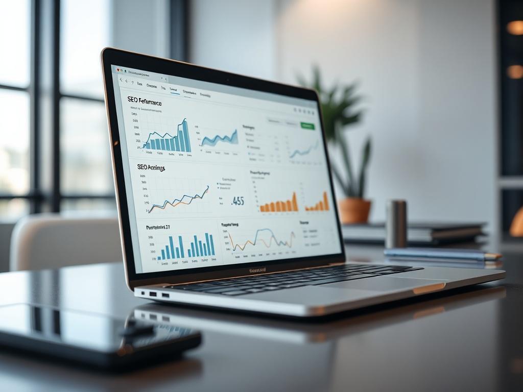 A close-up shot of a laptop screen displaying graphs and analytics related to SEO performance, placed on a sleek desk with a modern aesthetic. The background is softly blurred, emphasizing the screen's details and the professional environment.