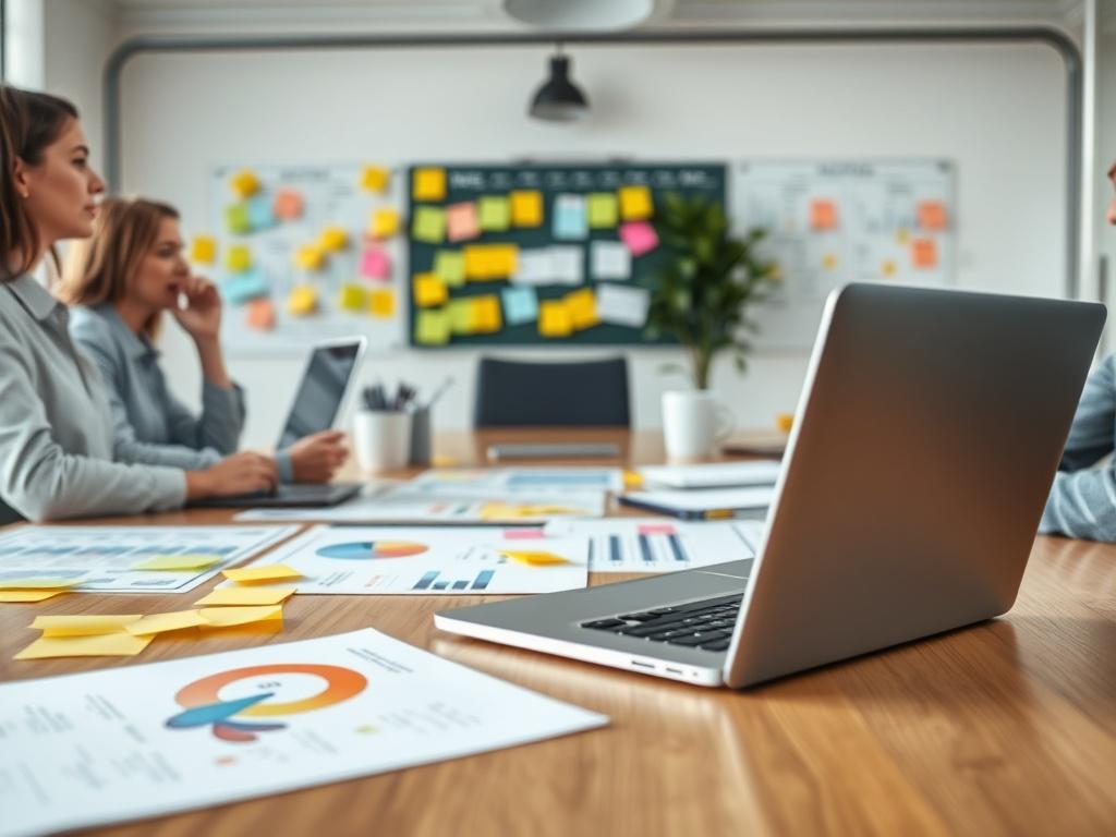 A close-up shot of a brainstorming session with sticky notes, charts, and a laptop on a conference table. The setting is bright and inviting, capturing the essence of collaboration and strategy development.