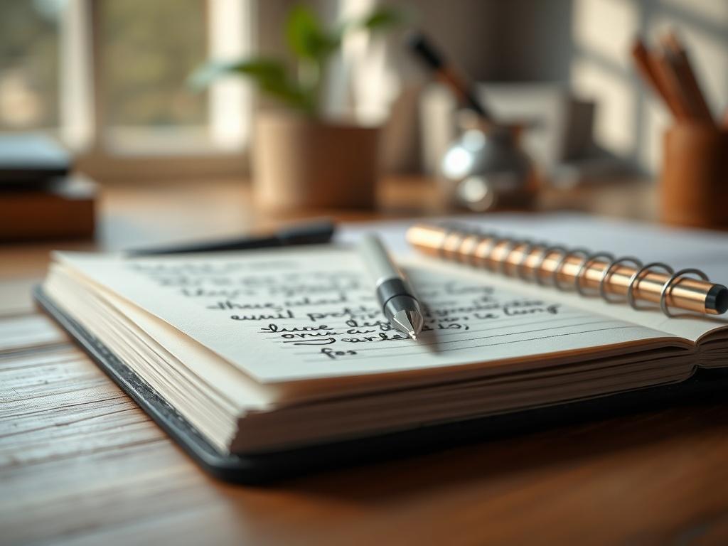 A close-up shot of a pen poised over a notepad with handwritten notes, surrounded by a cozy workspace. The background features soft, natural light coming through a window, creating a warm ambiance. The focus is on the pen and notepad, highlighting the creative process of writing.