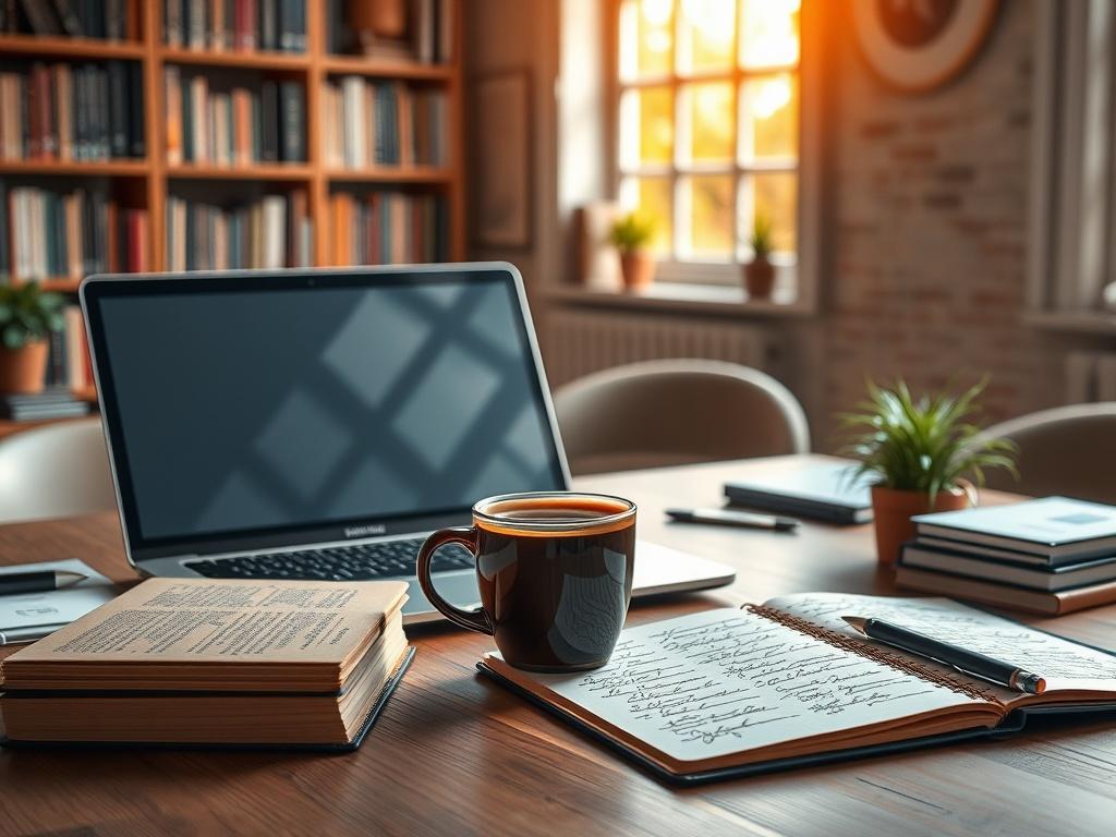 A vibrant and inviting workspace featuring a sleek desk with a high-end laptop, a cup of steaming coffee, and an open notebook filled with handwritten notes. The background should showcase a cozy bookshelf filled with books, with a window allowing natural light to pour in, creating a warm and inspiring atmosphere. The focus should be on the desk, emphasizing the tools of creativity, captured in a hyper-realistic style using a 45mm f/1.2 lens.