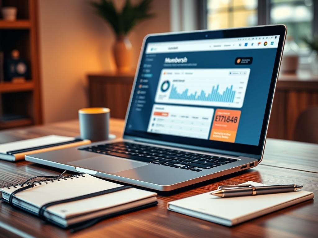 A close-up shot of a sleek, modern laptop displaying a beautifully designed membership dashboard, set on a wooden desk with a stylish notebook and pen beside it. The background is softly blurred, creating a warm and inviting atmosphere. The primary color rgb(50, 170, 39) subtly highlights the laptop's screen.