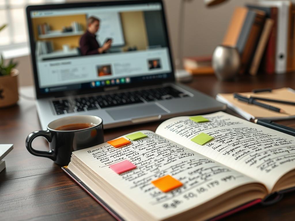 A hyper-realistic close-up of an open notebook filled with handwritten notes and colorful sticky tabs, with a laptop displaying a video lesson in the background. The desk is neatly organized, with a steaming cup of coffee beside the notebook. The rgb(50, 170, 39) color is incorporated into the sticky tabs for a vibrant touch.