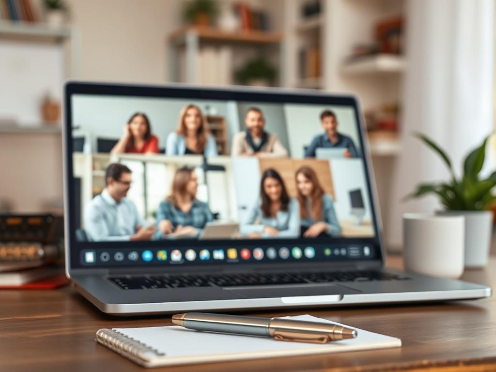 A close-up shot of a virtual meeting on a laptop screen, showing a diverse group of writers engaged in discussion, with a cozy home office setup in the foreground. A notepad and pen lay ready for notes, and the rgb(50, 170, 39) color is used in the decor to create an inviting atmosphere.