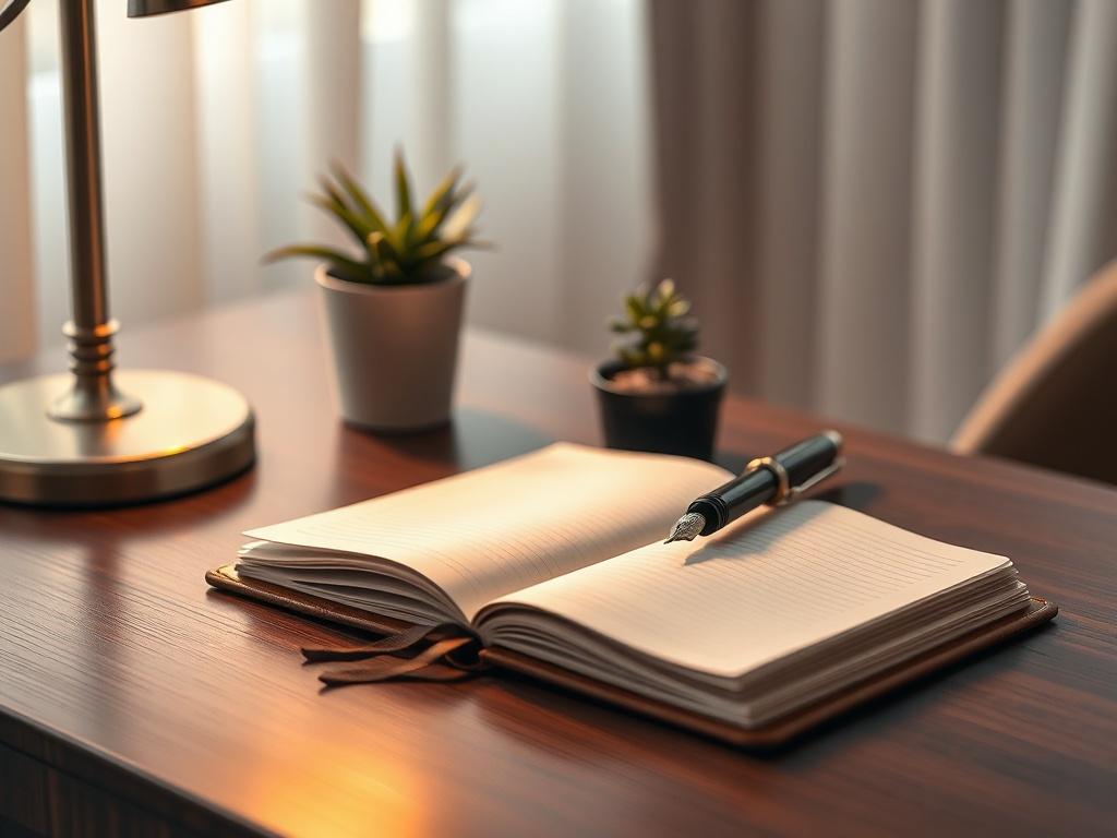 A close-up shot of an elegant, minimalist writing desk set against a softly blurred background. The desk features a high-quality fountain pen, a leather-bound notebook open to a blank page, and a small potted plant for a touch of greenery. The lighting is warm and inviting, creating an atmosphere of creativity and inspiration. The image is rendered in hyper-realistic detail, showcasing the textures of the desk and materials.