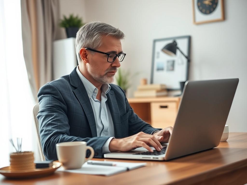 **AI Image Generation Prompt:**

Create a highly detailed, realistic high-resolution photo that visually represents the theme of "Ensuring a Secure Online Presence." The composition should be simple and clear, featuring one central subject: a well-dressed individual using a laptop in a cozy, well-lit home office environment. The person, a middle-aged man or woman, should be engaged in reviewing their website's security settings on the laptop screen, conveying a sense of focus and responsibility.

The backgr