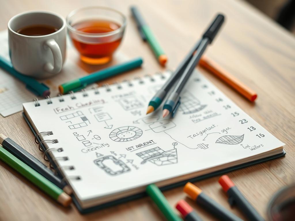 A close-up shot of a brainstorming session, featuring a notepad filled with notes and sketches, alongside colorful markers and a cup of tea. The background should be softly blurred to maintain focus on the notepad and markers, symbolizing creativity and collaboration. The color scheme should incorporate shades of green in line with the rgb(50, 170, 39) primary color.
