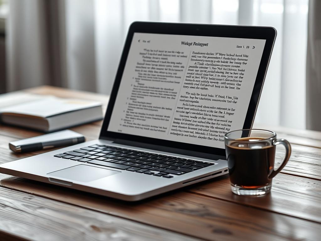 A close-up shot of an open laptop on a wooden desk, with a steaming cup of coffee beside it. The laptop screen displays a partially written manuscript. The background is softly blurred to emphasize the writing process. The color palette should reflect creativity and inspiration, incorporating the rgb(50, 170, 39) primary color.