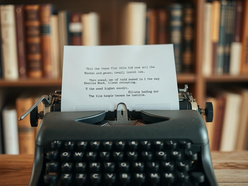 A close-up shot of a vintage typewriter with a sheet of paper partially out, showcasing beautifully typed text. The background features a blurred bookshelf filled with classic literature, allowing the typewriter to be the focal point. The lighting is warm, inviting, and highlights the texture of the typewriter and paper, creating a nostalgic atmosphere. The colors subtly incorporate the primary green hue of rgb(50, 170, 39) in the decor around.