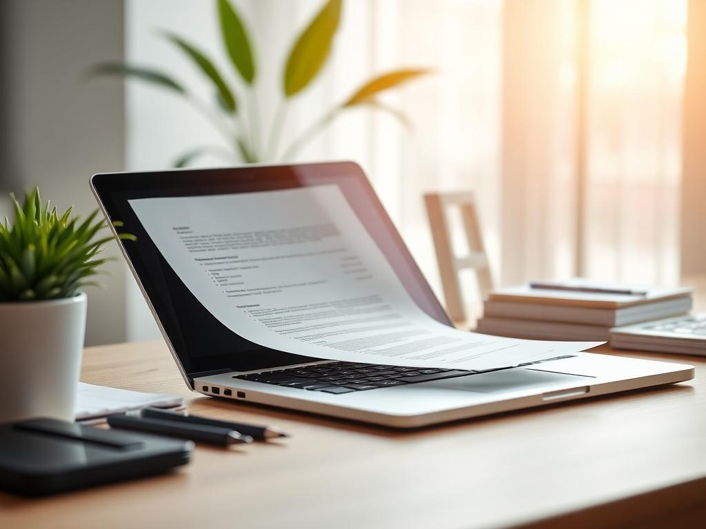 A close-up shot of a modern desk setup featuring a sleek laptop open to a document, surrounded by minimalist stationery and a potted plant. The background is softly blurred to emphasize the workspace, with natural light streaming in, creating a warm and inviting atmosphere.
