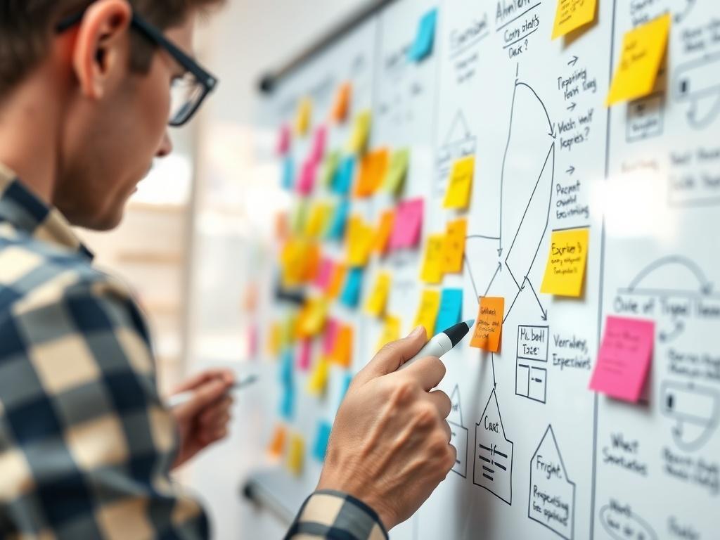 A close-up shot of a brainstorming session in progress, featuring a whiteboard filled with colorful sticky notes and diagrams. A person is seen jotting down ideas with a marker, capturing an energetic and creative atmosphere. The background is subtly out of focus, highlighting the collaboration and strategy development.