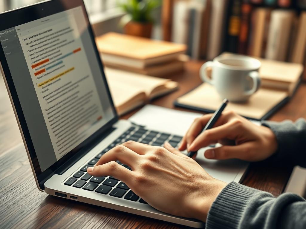 A hyper-realistic close-up of an editor’s hands on a laptop keyboard, with a notepad and pen nearby. The screen displays text with highlighted corrections. The background is softly blurred, showcasing a cozy workspace filled with books and a coffee cup, capturing a productive editing atmosphere.