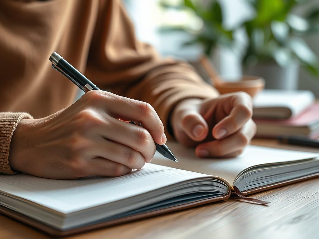 A close-up shot of a person writing in a notebook, showcasing their hands and the pen, with soft natural lighting. The background is an inviting workspace with a hint of greenery, emphasizing creativity and focus. The image should capture the essence of inspiration and the art of writing, rendered in high-resolution with a 45mm f/1.2 lens style.
