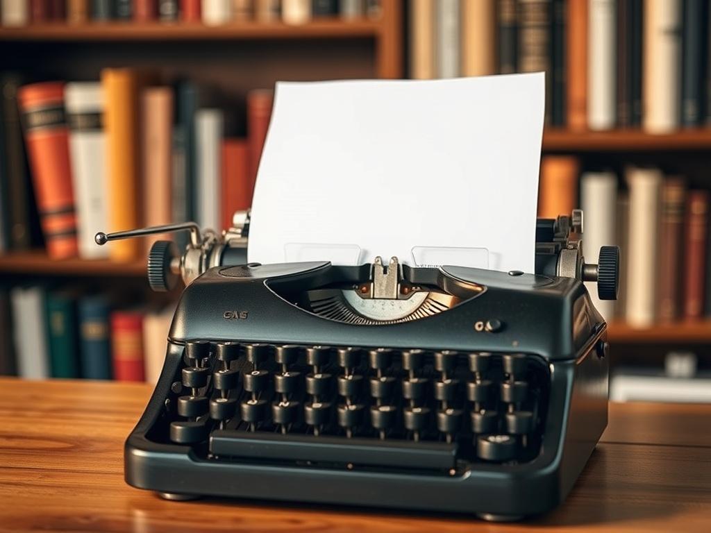 A close-up of a typewriter with a blank sheet of paper, symbolizing creativity and the writing process. The typewriter should be vintage, evoking a sense of nostalgia and artistry. The background features a softly blurred bookshelf filled with classic literature, creating an inviting atmosphere. The lighting is warm and inviting, highlighting the typewriter as the focal point of the image.