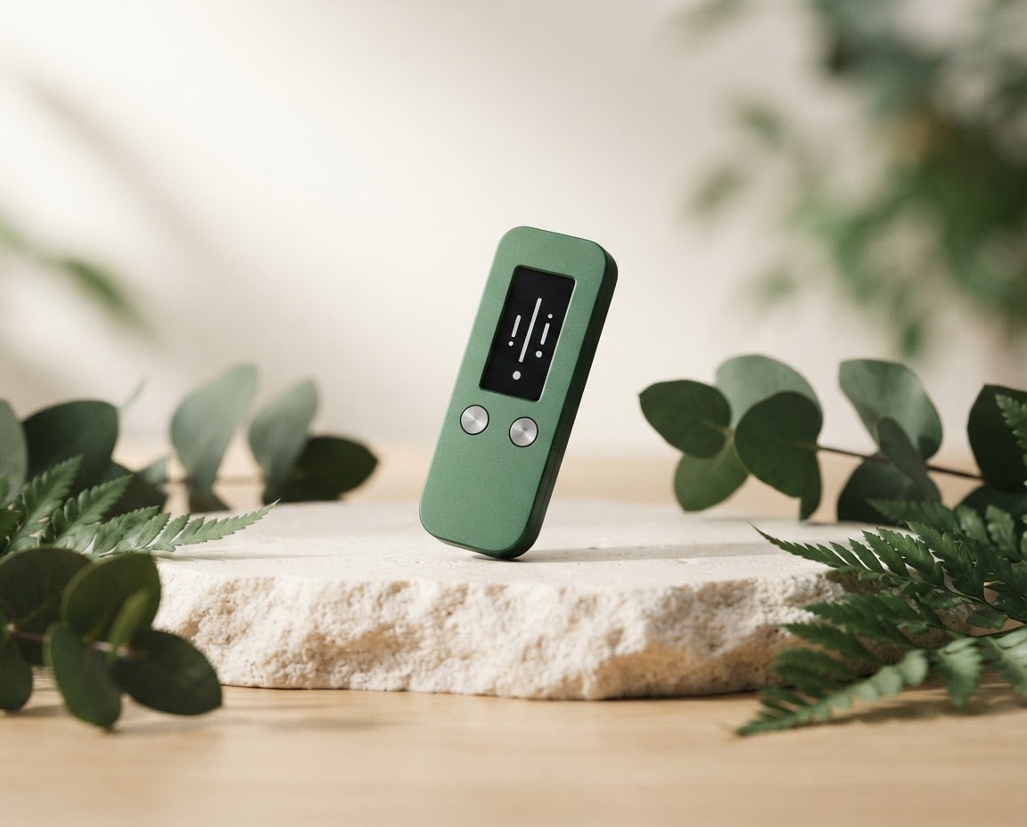 A dark green hardware wallet device in a calm, light-filled setting