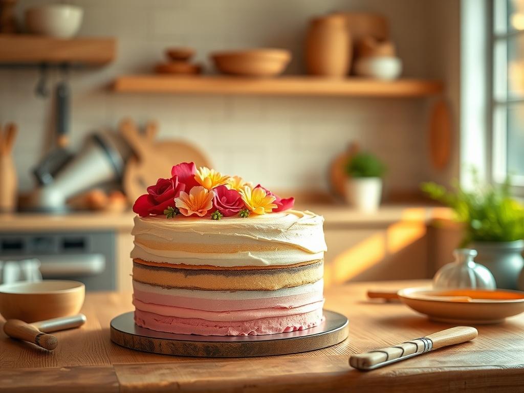 A cozy, warm kitchen scene featuring a beautifully decorated cake