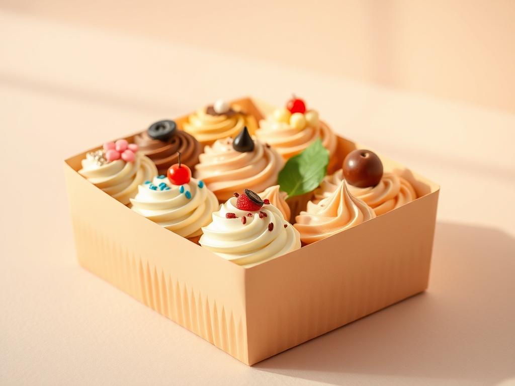A box of gourmet cupcakes, elegantly arranged with various flavors