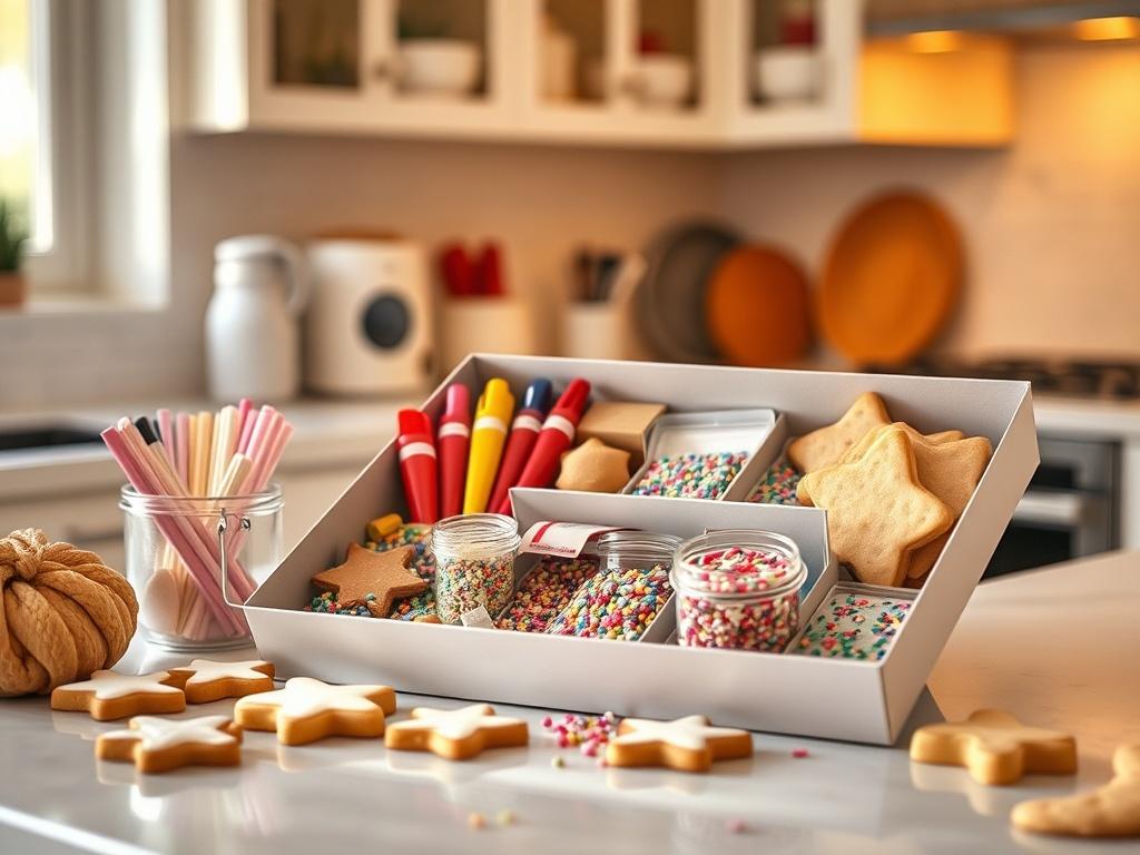 An open cookie decorating kit displayed on a kitchen countertop,