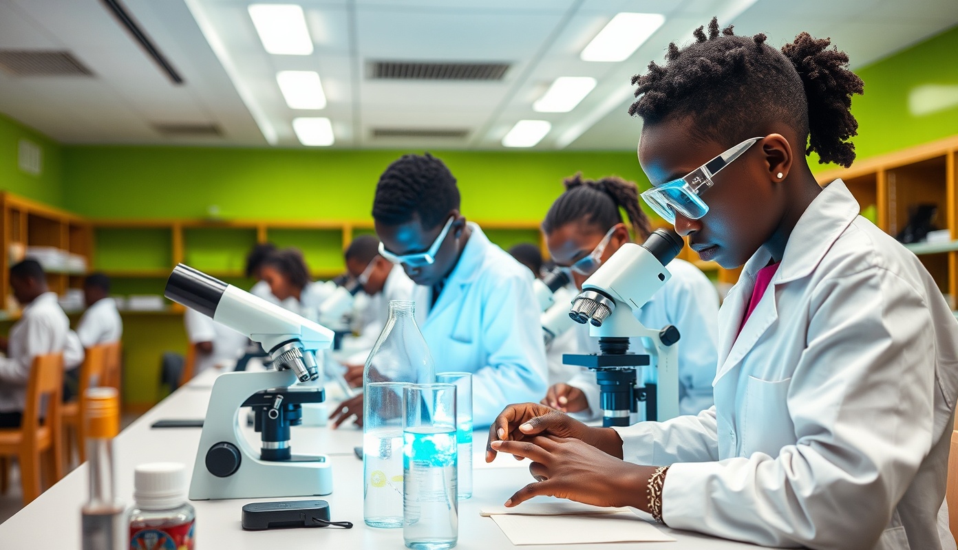 African science laboratory with students conducting advanced experiments
