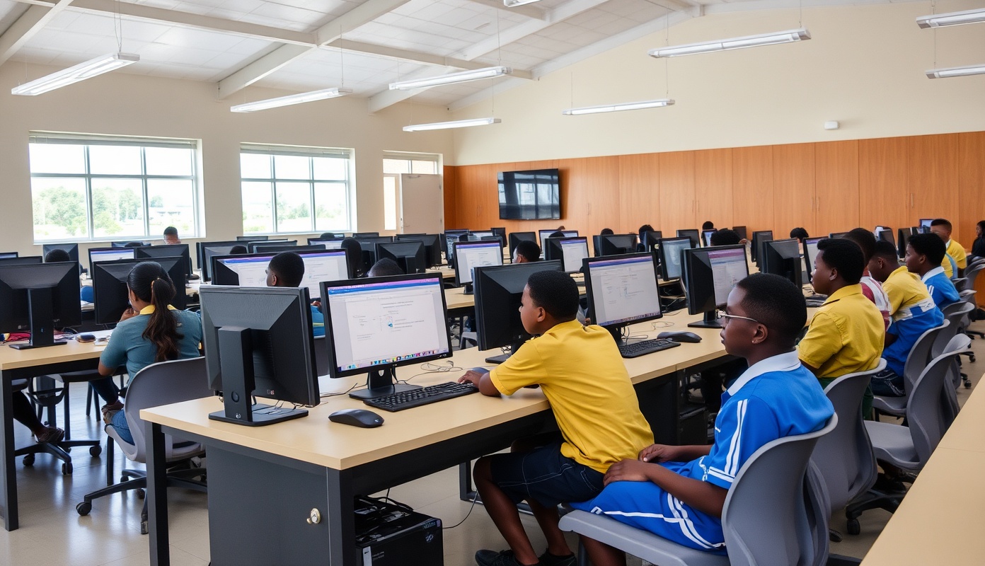 African technology and computer laboratory with students learning digital skills