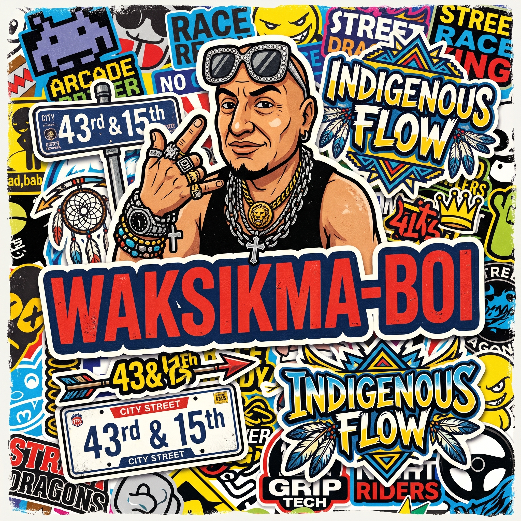 Waksikma-Boi artwork: a bold, colorful street-art collage with a portrait and Indigenous Flow lettering
