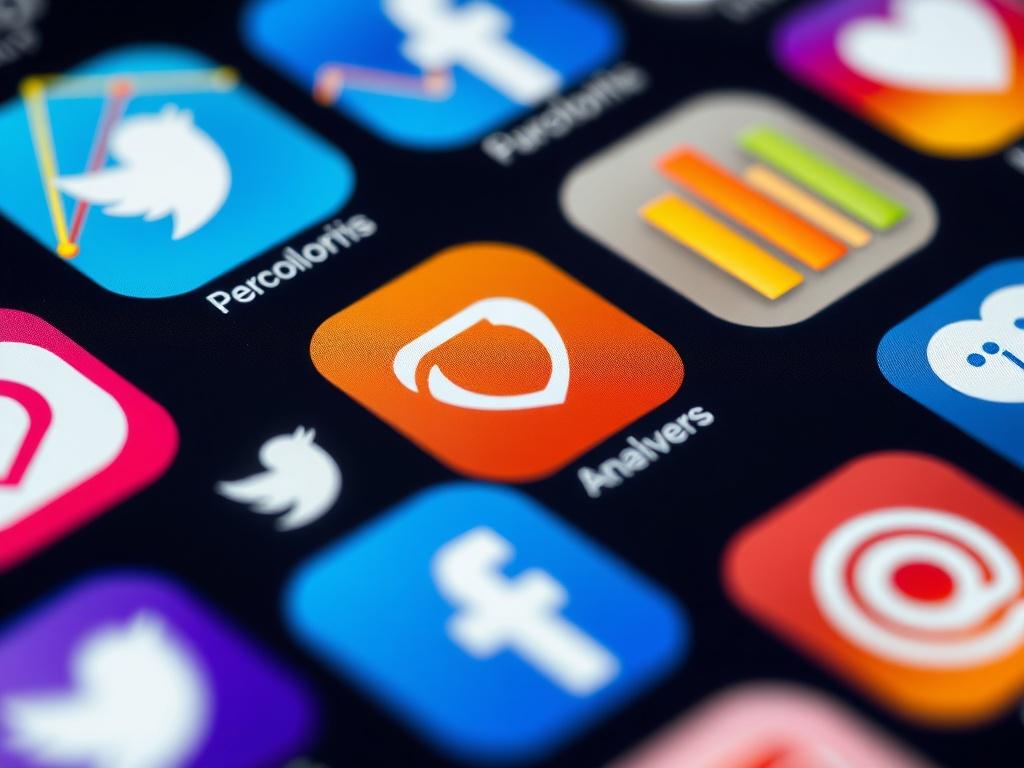 Create a hyper-realistic close-up image of the top 10 social media apps displayed like a vibrant flyer. Each app icon should be visually distinct, arranged in an engaging manner, with colorful analytics charts in the background illustrating engagement metrics such as views, likes, and followers. The overall composition should be simple yet striking, focusing on the app icons and the dynamic charts that represent social media performance. Use a soft-focus effect to emphasize the icons and charts, capturing a