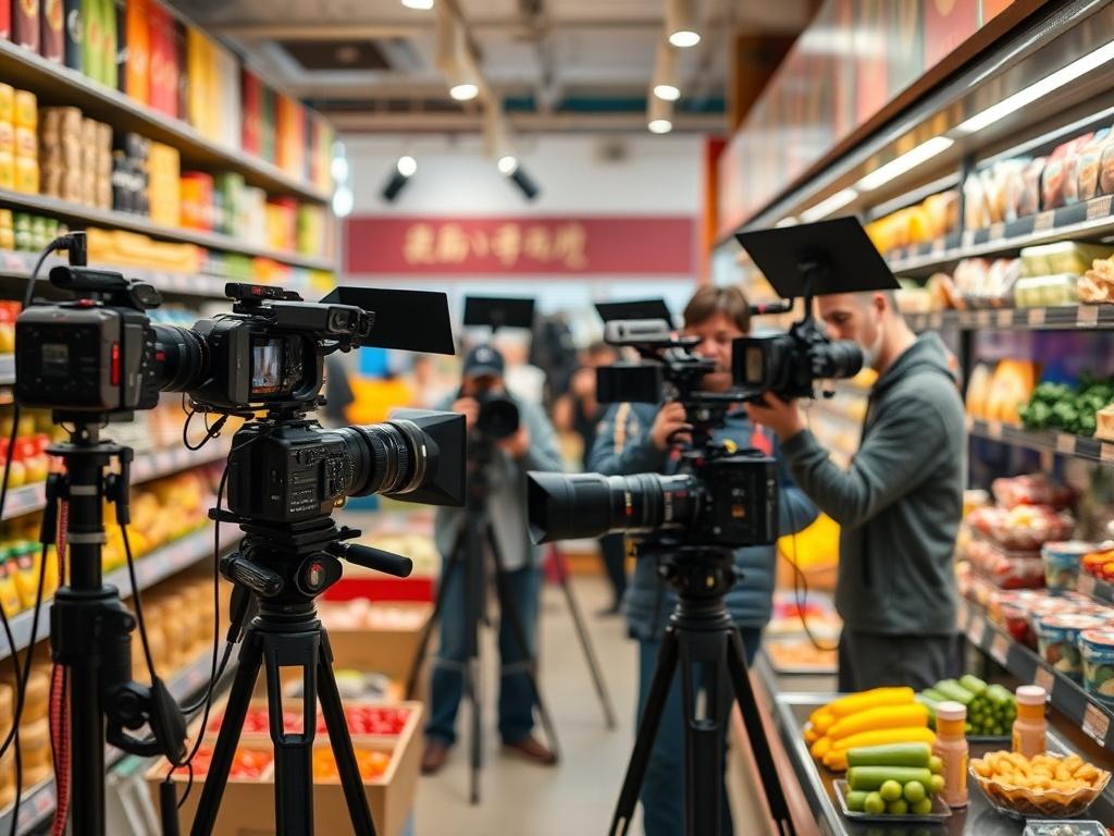 A vibrant food store interior, showcasing a lively advertisement shoot in progress. In the foreground, a professional camera crew is capturing footage of delicious food displays. The shelves are filled with colorful products, and the crew is surrounded by bright lighting equipment. Visible cameras are focused on the food items, emphasizing the dynamic atmosphere of the shoot. The image should convey excitement and creativity, inviting viewers to feel the energy of the advertisement production.