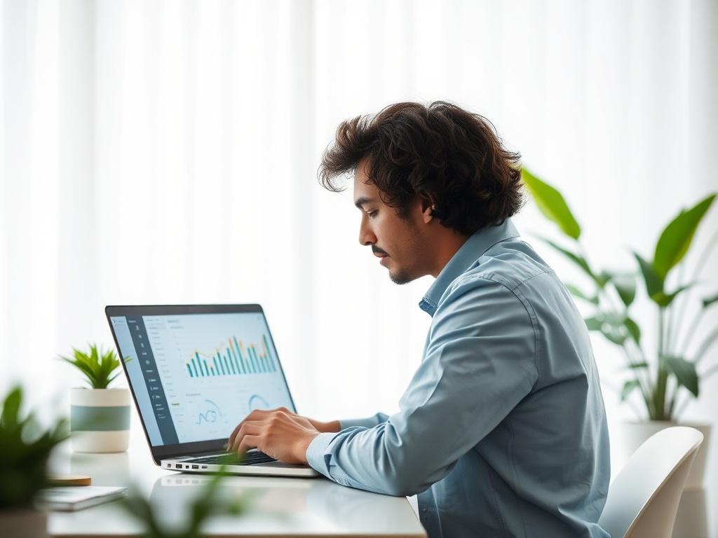 A realistic high-resolution image of a person interacting with a laptop in a serene office setting. The individual is focused on the screen, displaying a financial dashboard. The background is softly lit, featuring plants and gentle colors that create a peaceful atmosphere, complementing the RGB color (162, 175, 127). The composition should be simple and clear, highlighting the connection between technology and financial management.