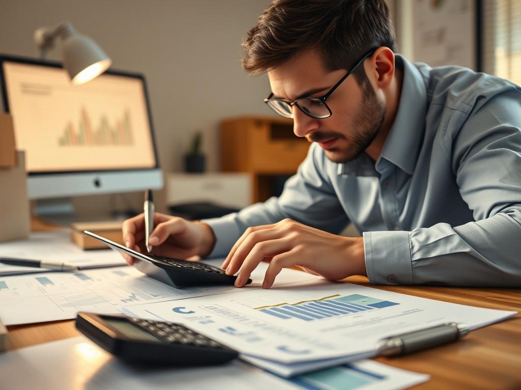 A high resolution image depicting a financial analyst reviewing documents