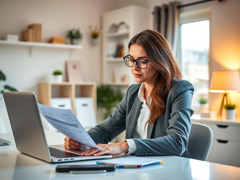 A professional tax preparer sitting at a modern desk with