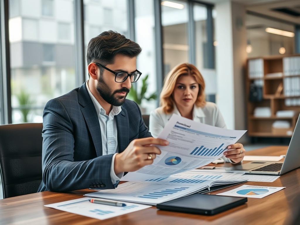 A small business owner reviewing financial documents with a tax