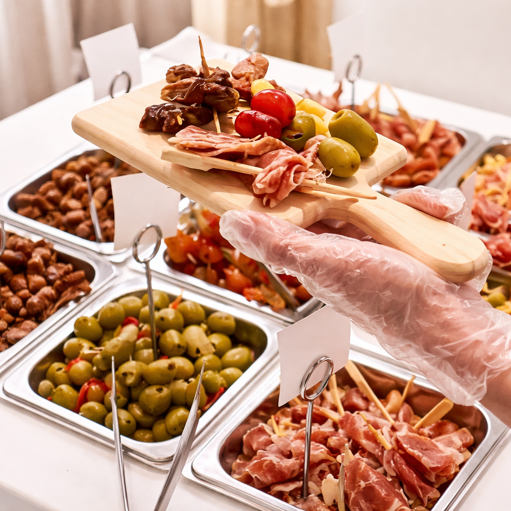 Beautiful mini charcuterie board on a bamboo plate with assorted cheeses, cured meats, fruits, jams, olives, nuts and crackers
