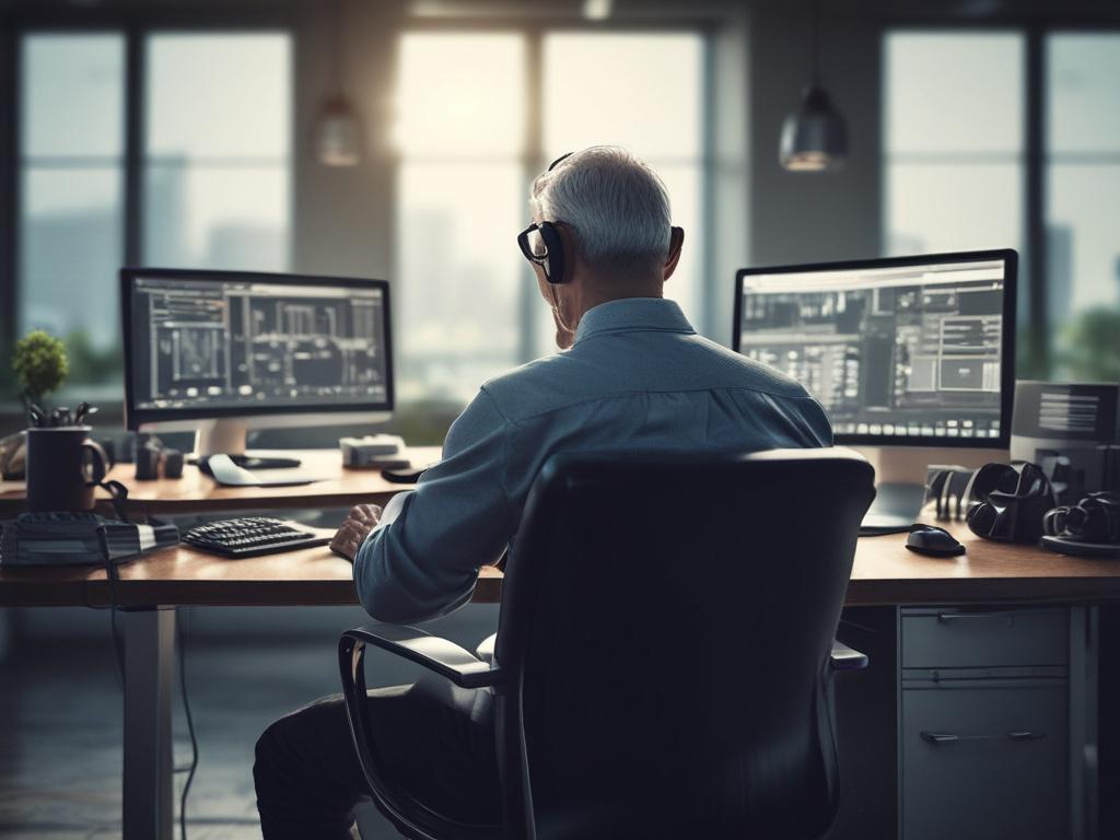 Create a realistic high-resolution photo of a Senior Backend Engineer at work in an AdTech environment. The subject should be a focused individual sitting at a modern workstation, with multiple screens displaying code and analytics. The background should feature a sleek office space with soft lighting, highlighting a tech-savvy and innovative atmosphere. The photo should be taken with a 45mm f/1.2 lens to achieve a shallow depth of field, emphasizing the engineer in sharp focus against a softly blurred back
