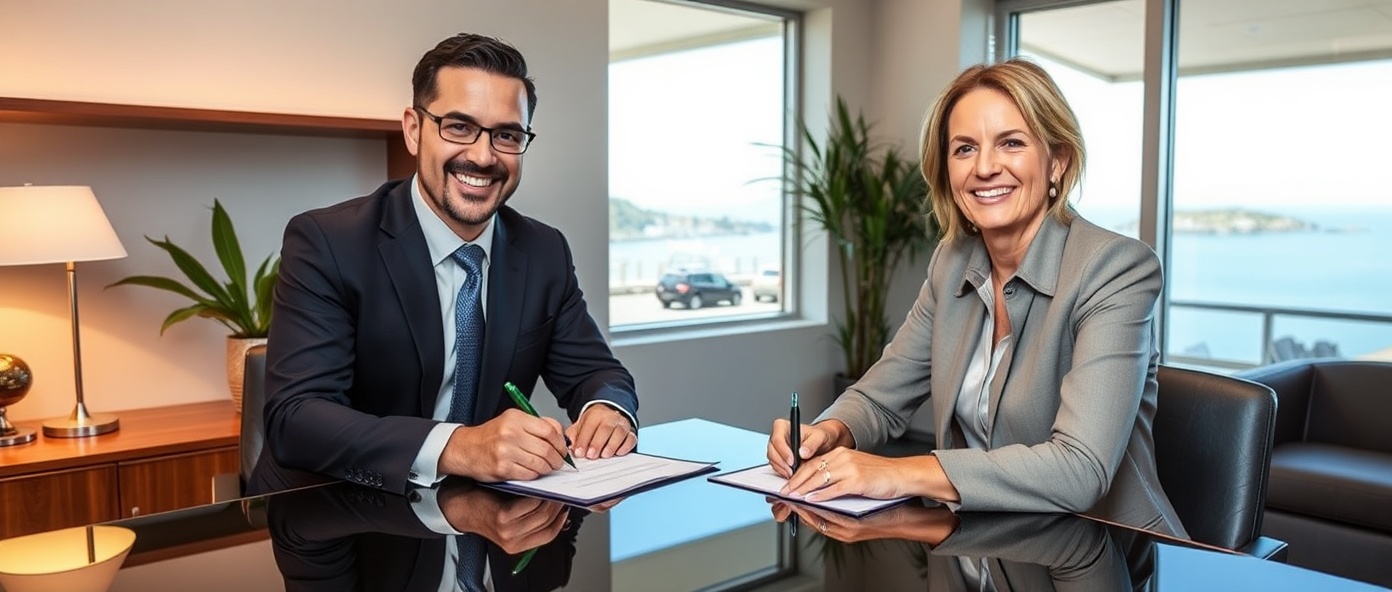 Professional notary signing documents with client