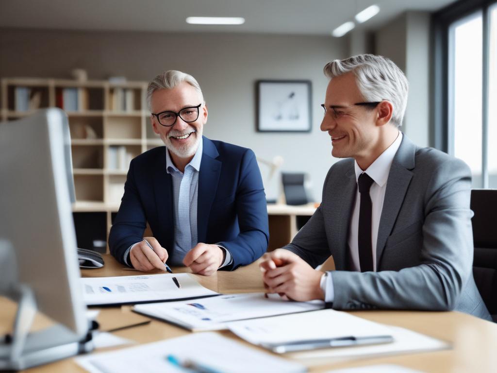 A senior business consultant in a modern office setting, engaged in a one-on-one coaching session with a client. The consultant is an experienced individual, exuding confidence and professionalism, with a focus on providing guidance. The background features a sleek office desk with a laptop and notepad, and soft natural light coming through large windows. The composition should highlight the interaction between the consultant and the client, capturing the essence of personalized coaching.